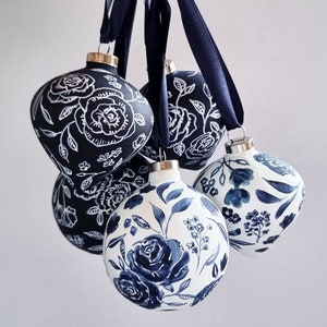Hand-painted ceramic 'Indigo' Christmas ornaments - PRICED PER ORNAMENT, indigo floral patterns approx.5cm