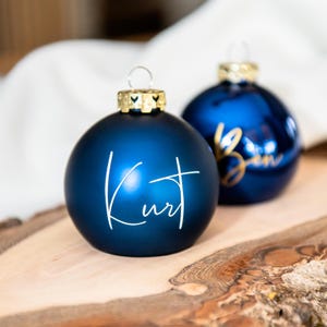 Stylish personalized Christmas bauble in real glass, blue glossy/matte