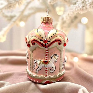Carousel Pink with White Horses Glass Christmas Ornament, Christmas decoration, Hand Painted Holiday Decoration, Vintage style Xmas ornament