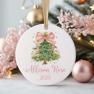 Personalized Christmas Tree Ornament with Pink Coquette Bow - 2025 Christmas Bauble with Name- Gift for Women -Custom Ornament for Girl H101