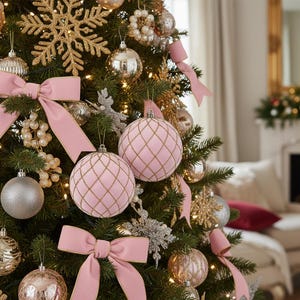 Pink Shatterproof Flocked Christmas Ornaments Holiday Decor Gift 4 Count