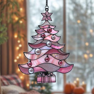Rose Pink Acrylic Christmas Tree Suncatcher, Sparkle Faux Stained Glass Ornament