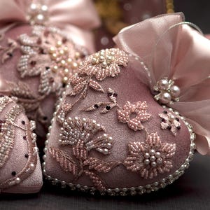 Rose Gold Beaded Velvet Christmas Tree Ornaments ~ Richly Decorated Handmade Christmas Baubles