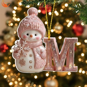 Custom Snowman Christmas Ornament 2D Flat with Letter – Pink Glitter Initial Xmas Tree Decoration, Cute Winter Gift Idea, Holiday Decor 2025