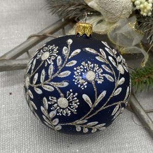 Blue Glass Christmas Ornament – Handmade Striped Ball – Elegant Holiday Tree Decoration – Modern Christmas Decor