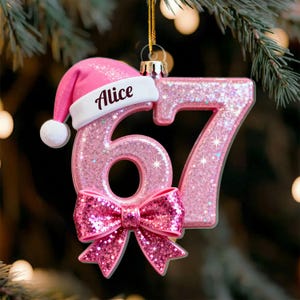 Personalized Gift – Custom 67 Ornament with Pink Croquette Bow, 3D Realistic Ceramic Crystal Amigurumi Glitter Christmas Ornament