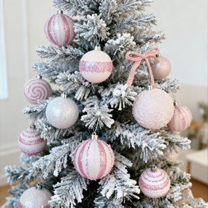 Pink Christmas Ornaments Set, PastRomantic Winter Christmasel Pink Tree Decorations, Glitter Baubles, Cute Candy Style Xmas Balls